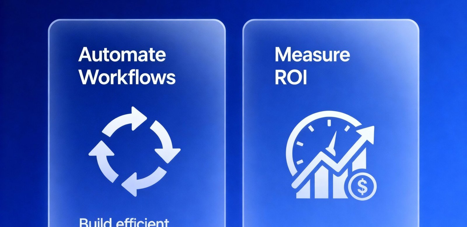 Blue-themed graphic with headline "Real Results" and two translucent panels: left panel "Automate Workflows" with a circular arrows icon and subtext "Build efficient processes"; right panel "Measure ROI" with a speedometer/graph/dollar icon and subtext "Maximize your returns."