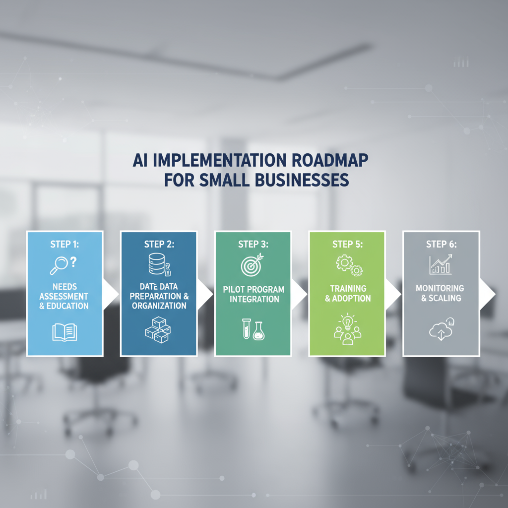 Infographic-style roadmap showing step-by-step AI implementation for small businesses: assess needs, prioritize workflows, select tools (e.g., n8n/Zapier/Make), build a pilot, measure ROI, train staff, and scale automation.