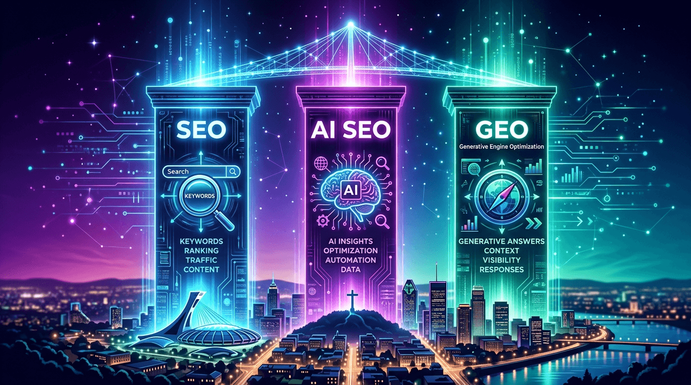 SEO vs AI SEO vs GEO comparison for Montreal businesses